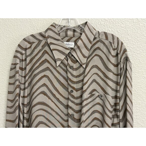 DaVinci Shirt Long Sleeve Rockabilly Gray Brown Print Men’s Vintage - Picture 3 of 9